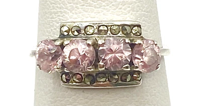Sterling Silver / 925 Pink Stones & Marcasite Cocktail Ring Size 5.5 - Image 1 of 4