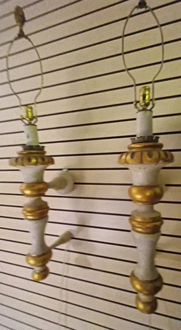 Vtg Wooden MCM Italian Gilt Wood Massive Sconces 43 inches to finial 29" Torch Cover