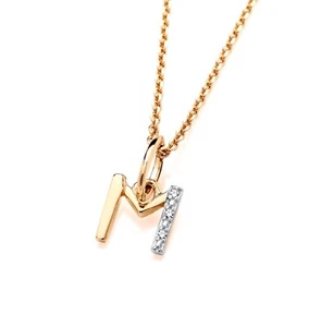 9ct Yellow Gold M Initial Real Diamond Pendant Necklace + 18 inch Chain - Picture 1 of 7
