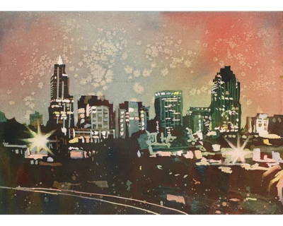 Skyline of downtown Raleigh NC at sunset.  Colorful watercolor painting print - Image 1 of 4