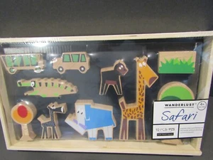 WANDERLUST Safari 10 Wooden Pieces GIRAFFE ELEPHANT MONKEY JEEP ALLIGATOR Box - Picture 1 of 6