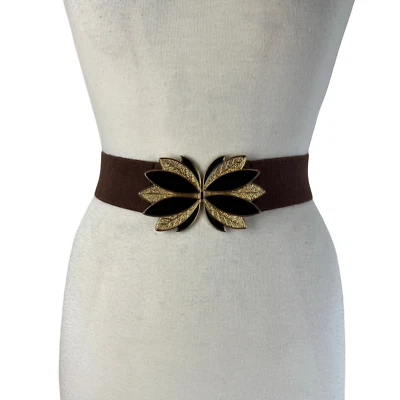 VINTAGE Chocolate Brown & Gold Stretch Waist Belt S/M Flower Buckle Circa 1980s - image 1 of 4