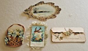 4 VICTORIAN GREETING CARDS FRINGED LEAF SHAPE SMALL BOOKLET BASKET SHAPE #20 - Picture 1 of 2
