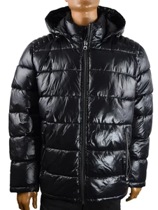 Guess Men Puffer Jacket New XXL Black Long Sleeve Full Zipper Hooded Winter Coat - Picture 1 of 12