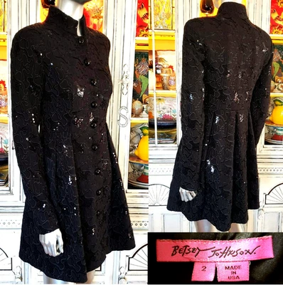 Abrigo de Vestido Vintage Betsey Johnson Negro con Falda Bordado Lentejuelas Chaqueta S 2 Foto 1 de 4