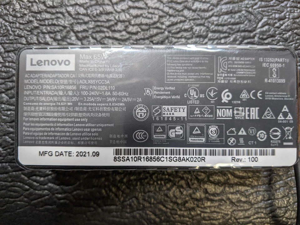 Genuine 65w Lenovo USB-C Charger ThinkPad X280 X380 X390 L390 E480 E490 E580 OEM