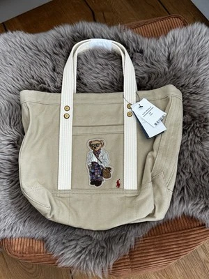 Polo Ralph Lauren Bear Tote Bag Small Medium Zip Canvas Tan Brown Shopping BNWT - Image 1 of 4