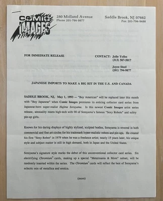 Imágenes de cómics Soyarama Tarjetas coleccionables Promocionales 8x11 Lista de verificación y carta de distribuidor 1993 Foto 1 de 3