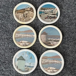 Vintage Greece Coasters White Plastic Travel Destination Photographs Set of 6 - Picture 1 of 13