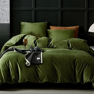 Olive Green Flannel Velvet Duvet Cover Queen Size Duvet Cover Bedding Sets, 3... - Picture 1 of 9