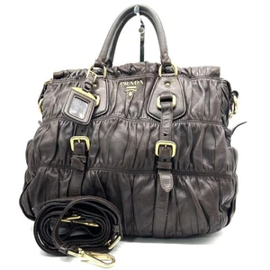 PRADA Shoulder Bag Handbag Gathered Gold Logo Brown Leather Women's i17630 - Picture 1 of 9
