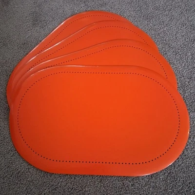 Vintage Woven Rubber Placemat Set 4pc 70s Fringe  Orange Square - Image 1 of 4