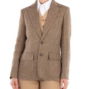 LAUREN RALPH LAUREN 100% Wool Herringbone Tweed Hacking Blazer-Elbow Patch-Sz10P - Picture 1 of 9
