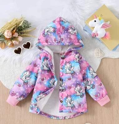Unicorn Cartoon Print Hooded Fleece-Lined Coat Casual Jacket Size 100 (3/4) UK - Image 1 of 4