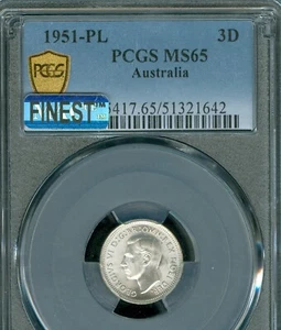 1951 PL AUSTRALIA 3 PENCE 3D PCGS MS65 MAC FINEST GRADE & SPOTLESS . - Picture 1 of 2