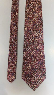 Gravata de seda Barneys New York vermelha com ouro ornamentado e folha azul David Rappaport - Imagem 1 de 4