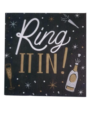 Ring It In New Year 16 Ct Beverage Napkins Black Gold Silver - Image 1 of 2