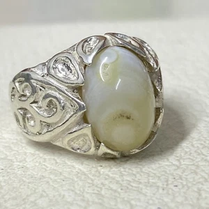 Men's 925 Sterling Silver Ring with Natural Yemeni White Agate Stone aqeeq stone - Picture 1 of 7