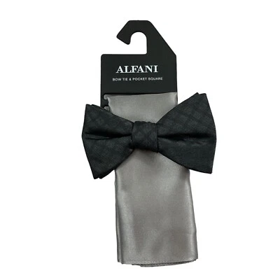 Alfani Mens Gahln Check Bow Tie Pocket Square Set Black Silver OS - Image 1 of 2