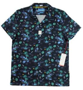 MTL Made to Live Mens Camp Shirt M Slim Fit Short Sleeve Button Front Blue NEW