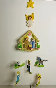 Needlepoint Nativity Manger Stable Handmade Mobile Christmas Plastic Canvas Set - Picture 1 of 10