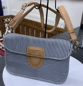 Vtg Jacky & Celine Denim Stripe Tan Faux Leather Bag Shoulder Handbag Double - Picture 1 of 12