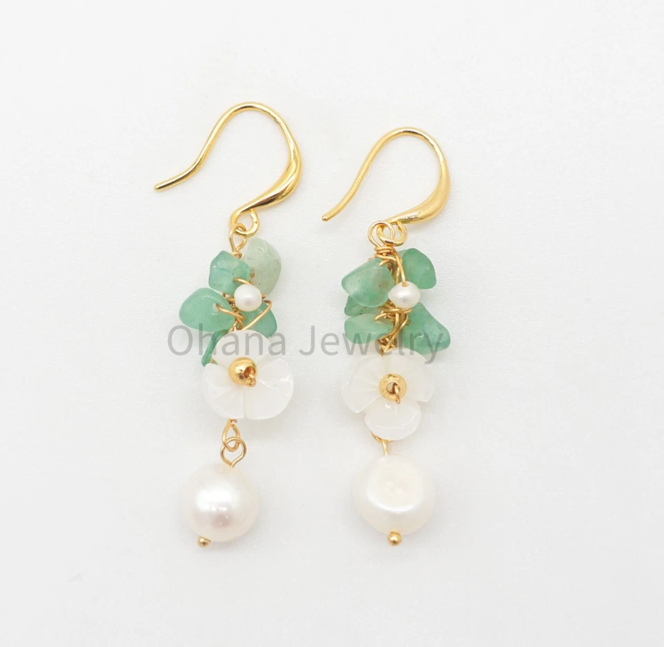 Natural Green Jade Freshwater Pearl Dangling Drop Earrings - Jade Flower Chips - Imagem 1 de 1