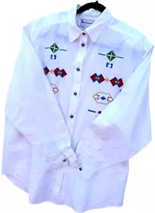 Bechamel striped Button Front Blouse with native american embroidery Size L - Picture 1 of 10
