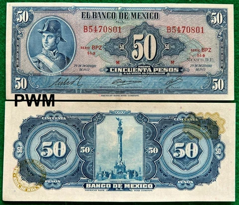 1972 Mexico 50 Pesos Ignacio De Allende Mexican ABNC banknote Serie BPZ Prefix B Cover