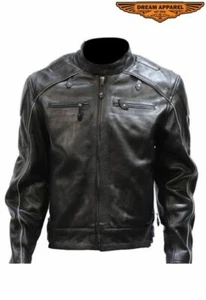 Men's Black Leather Jacket W/ Zippered Air Vents Racer Collar Reflective Piping - Picture 1 of 12