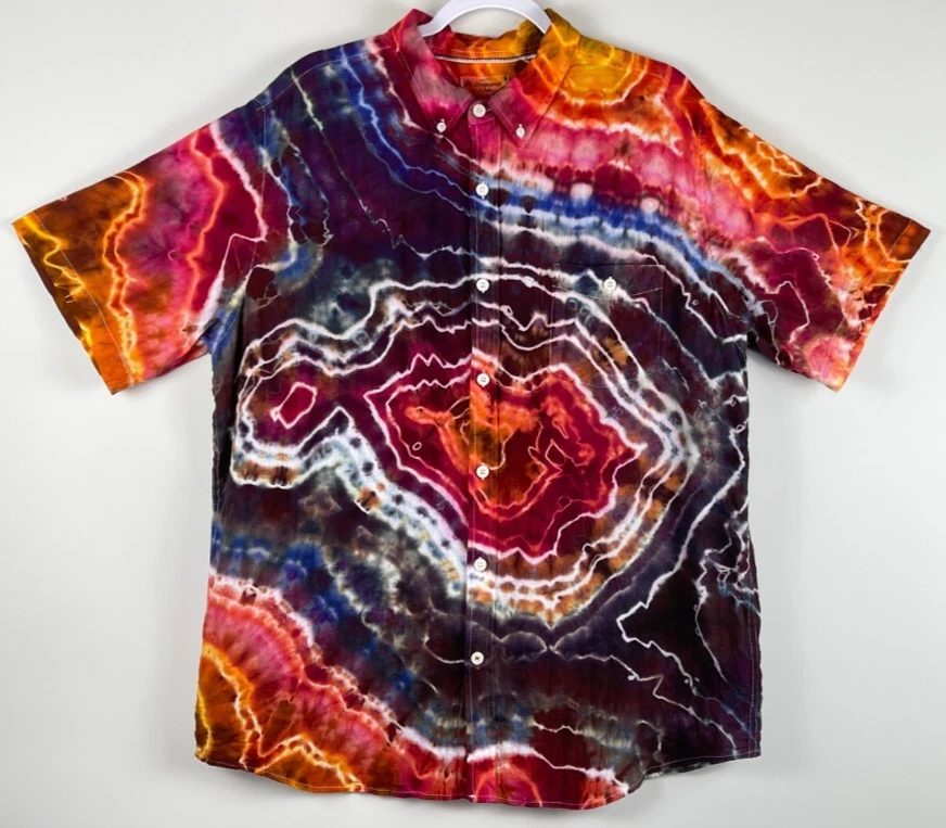 Handmade Tie Dye Linen Button-Down, Geode Tie Dye Short Sleeve Ice Dye, XL - Image 1 of 4