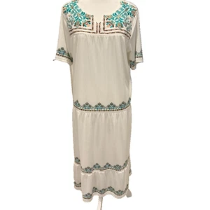 Embroidered Boho White and Teal Dress size medium - Picture 1 of 6