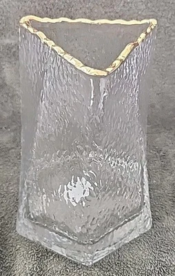 Textured Glass Gold Rim Hexagonal Base Triangular Opening 6½" Vase Heavy - Image 1 of 4