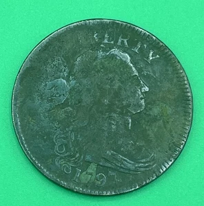 1797 drapierte Büste großer Cent sehr guter Erhaltungszustand hartes Datum früher Kolonialcent sehr guter Zustand über Münze SNAP - Bild 1 von 5