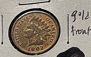 INDIAN HEAD PENNY, 1902-P, GOLD P[LATED FRONT, GREAT DETAILS WITH LIBERTY, RARER - Picture 1 of 2