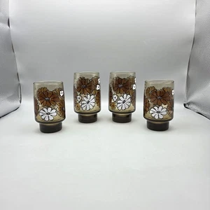 Vintage Libbey Camellia Tawney Glasses Brown Daisy Tumbler 16 & 12 Oz Set Of 4 - Picture 1 of 24