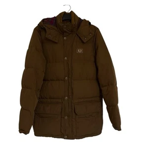 Fred Perry Down Arctic Jacket Mens Small Brown Full Zip Hooded Coat Winter J3281 - Picture 1 of 19