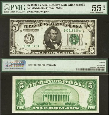 1928 $5 Federal Reserve Note PMG 55EPQ - Rare Key note Minneapolis Fr 1950-I - Image 1 of 3
