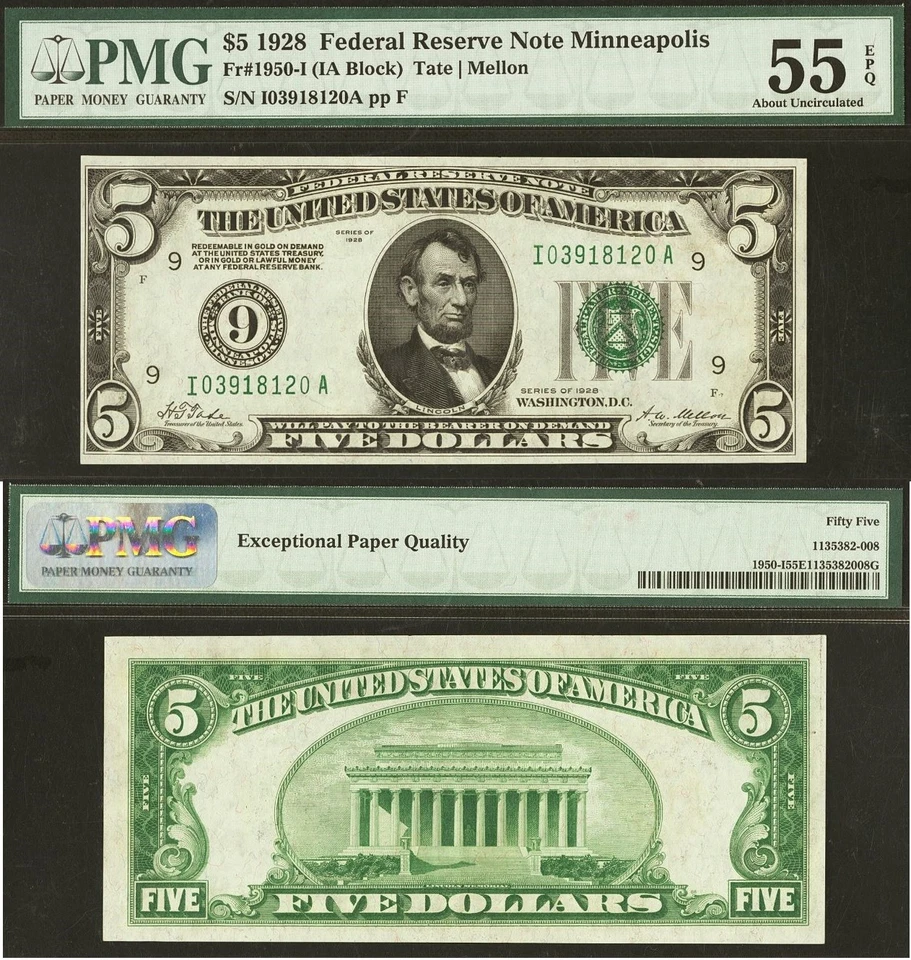 1928 $5 Federal Reserve Note PMG 55EPQ - Rare Key note Minneapolis Fr 1950-I - Image 1 of 3