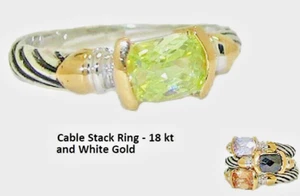 Stack ring CZ green peridot Cable silver 18kt yellow gold rectangle 5 6 8 New - Picture 1 of 4