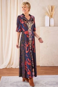 NEW $200 Soft Surroundings Size 10 Epiphany Mixed Media Print Maxi Dress Boho - Picture 1 of 20