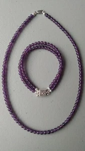 925 Sterling Silver Natural Purple Amethyst Gemstone Beads Necklace Bracelet Set - Picture 1 of 24