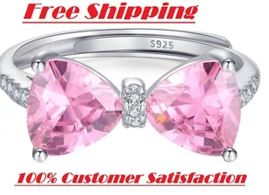 New 100% Authentic 925 Ale Silver Pave Sparkling Pink Bow Ring - Picture 1 of 6