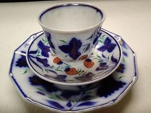 1850's Gaudy Ironstone Antique Flo Blue Strawberry Set Cup-Saucer-8" Plate - Picture 1 of 9