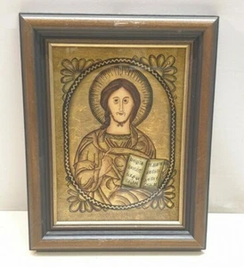 E220) Alte Kunstlitographie Goldfolie auf Glas Jesus Ikone - Bild 1 von 6