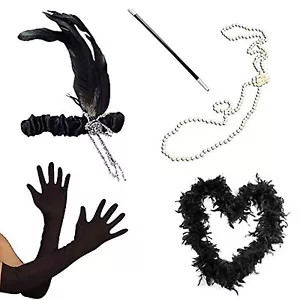Collana di perle portasigarette anni 20 flapper piuma nera boa fascia - Foto 1 di 1