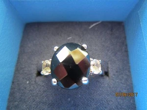 5.51 CT OVAL BLACK SPINEL W .36 CT WHITE TOPAZ~ 925 STERLING SILVER RING SZ 10 - Picture 1 of 6