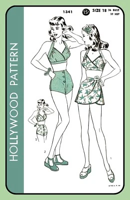 Two-Piece SWIMSUIT Bathing Suit SARONG Hollywood 1341 RARE Vtg 1946 Sew Pattern - Image 1 of 4