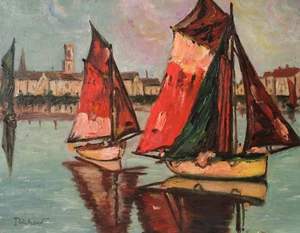 Antique Original Painting Seaview, Boats, Port, Citview, Houses Signed - Picture 1 of 8