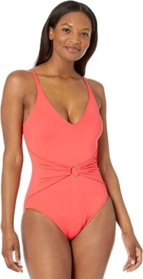 Maiô feminino Michael Kors L123117 logotipo faixa sólida coral peça única tamanho 12 - Imagem 1 de 2